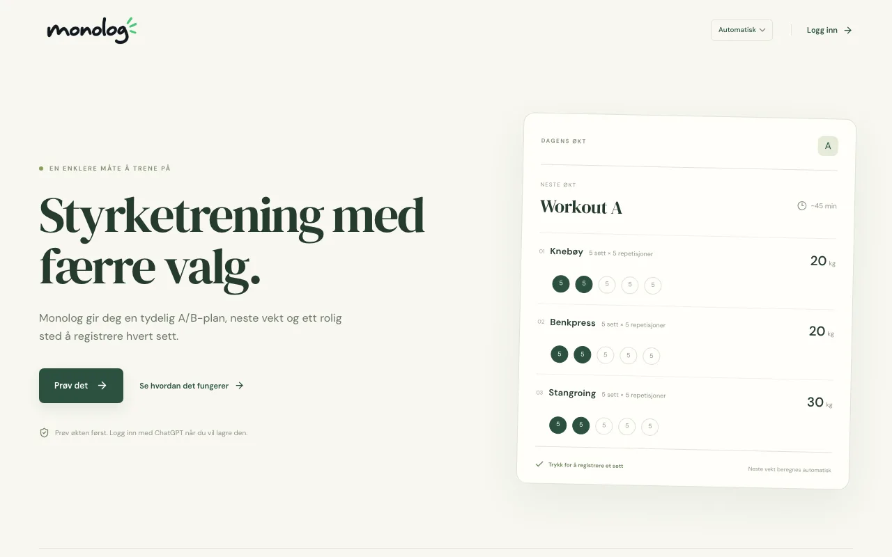 Forsiden til Monolog med dagens økt: knebøy, benkpress og stangroing